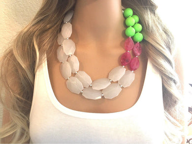 Watermelon Pink & Green Chunky Statement Necklace, Big beaded jewelry, Double Strand Statement Necklace, bib white necklace, pink and green