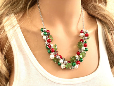 Christmas Necklace, Red Silver Green, Holiday Jewelry, Christmas Jewelry, Red Green Jewelry, Christmas gift Present, christmas decor wreath