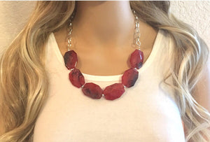 Red Blue Watercolor Statement Necklace & earring set, red blue jewelry, Your Choice GOLD or SILVER, red blue bib chunky necklace, red navy