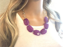 Load image into Gallery viewer, Royal Purple Statement Necklace &amp; Earring set, purple jewelry, Your Choice of GOLD or SILVER, dark purple bib chunky necklace, purple neckla