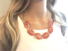 Load image into Gallery viewer, Orange Crackle Statement Necklace &amp; earring set, orange jewelry, Your Choice GOLD or SILVER, orange bib chunky necklace, orange