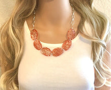 Load image into Gallery viewer, Orange Crackle Statement Necklace &amp; earring set, orange jewelry, Your Choice GOLD or SILVER, orange bib chunky necklace, orange