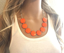 Load image into Gallery viewer, Orange Statement Necklace &amp; earring set, orange jewelry, Your Choice GOLD or SILVER, orange bib chunky necklace, bright orange round necklac