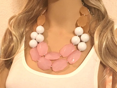 Blush Pink & Champagne Big Bead Necklace - Double Strand Statement Jewelry, blush white brown, Chunky bib bridesmaid, wedding necklace