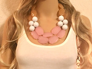 Blush Pink & Champagne Big Bead Necklace - Double Strand Statement Jewelry, blush white brown, Chunky bib bridesmaid, wedding necklace