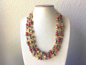 Fall Statement Necklace, Maroon Mustard Gold Necklace, Triple Strand Statement Necklace, fall colors necklace, vintage gold necklace, chunky