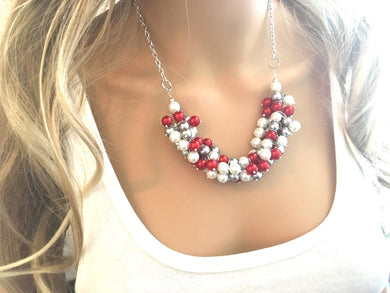 Red, White, Gray Pearl Cluster Necklace, Ohio Chicago Miami Alabama Tampa Bay Arizona Arkansas Atlanta Jewelry, state necklace, football