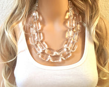 Load image into Gallery viewer, Chunky Clear Crystal Statement Necklace, Faceted Everyday neutral jewelry, statement necklace, silver or gold accents chunky bib necklace