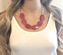 Load image into Gallery viewer, Red Statement Necklace &amp; earring set, red jewelry, Your Choice GOLD or SILVER, red crackle bib chunky necklace, red geometric necklace