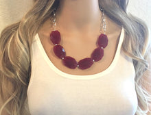 Load image into Gallery viewer, Maroon Red Statement Necklace &amp; earring set, red jewelry, Your Choice GOLD or SILVER, marsala bib chunky necklace, red geometric necklace