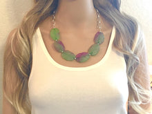 Load image into Gallery viewer, Green &amp; Pink Blush Statement Necklace earring set, pink green jewelry, Your Choice of GOLD or SILVER, pink bib chunky necklace, green pink