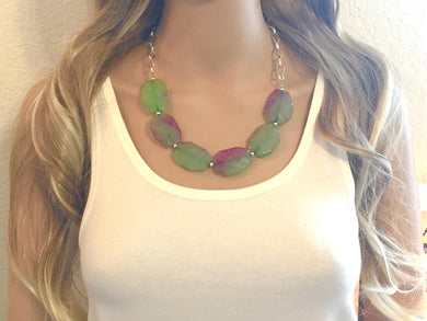 Green & Pink Blush Statement Necklace earring set, pink green jewelry, Your Choice of GOLD or SILVER, pink bib chunky necklace, green pink