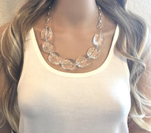 Load image into Gallery viewer, Clear Statement Necklace &amp; Earring Set, white jewelry, Your Choice of GOLD or SILVER, translucent bib chunky necklace, clear necklace