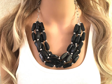 Black Chunky Statement Necklace, Multi-Strand Beaded Jewelry, Black Necklace, Black Bib Necklace, Black Beaded Necklace, Black & Silver