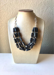 Black Chunky Statement Necklace, Multi-Strand Beaded Jewelry, Black Necklace, Black Bib Necklace, Black Beaded Necklace, Black & Silver