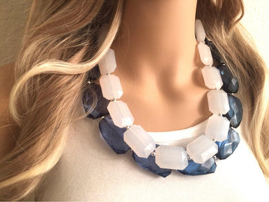 Nautical Chunky Statement Necklace, Big beaded jewelry, Double Strand Statement Necklace, navy blue an white, navy blue necklace, white