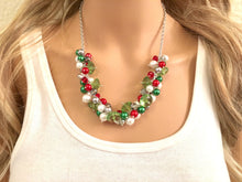 Load image into Gallery viewer, Christmas Necklace, Red Silver Green, Holiday Jewelry, Christmas Jewelry, Red Green Jewelry, Christmas gift Present, christmas decor wreath