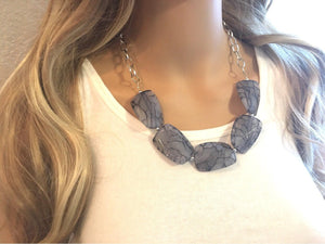 Navy blue Statement Necklace & Earring set, blue jewelry, Your Choice of GOLD or SILVER, navy bib chunky necklace, dark blue necklace