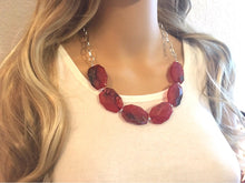 Load image into Gallery viewer, Red Blue Watercolor Statement Necklace &amp; earring set, red blue jewelry, Your Choice GOLD or SILVER, red blue bib chunky necklace, red navy