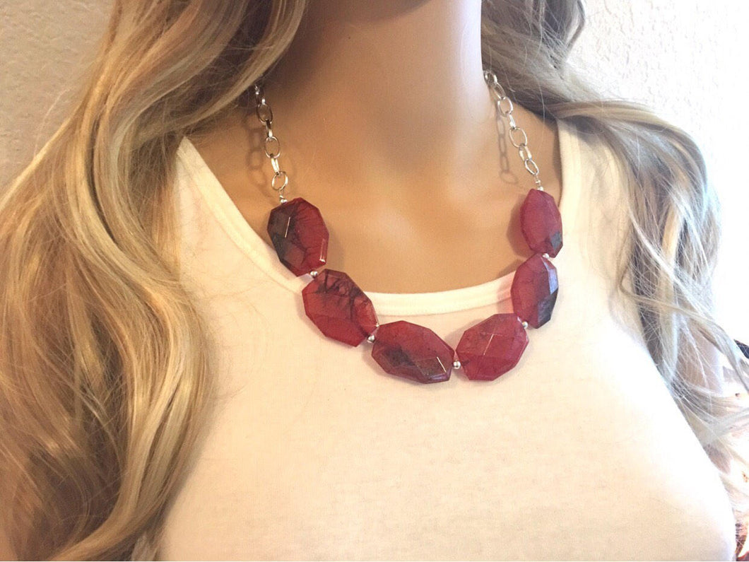 Red Blue Watercolor Statement Necklace & earring set, red blue jewelry, Your Choice GOLD or SILVER, red blue bib chunky necklace, red navy