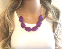 Load image into Gallery viewer, Royal Purple Statement Necklace &amp; Earring set, purple jewelry, Your Choice of GOLD or SILVER, dark purple bib chunky necklace, purple neckla