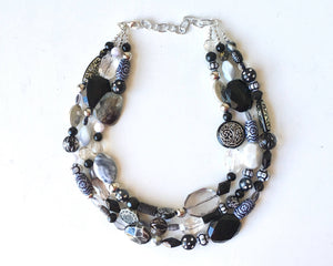 Black White and Gray Statement Necklace, chunky beaded jewelry, neutral necklace, black and white necklace, beaded jewelry, black necklace