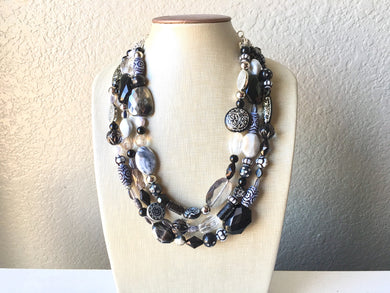 Black White and Gray Statement Necklace, chunky beaded jewelry, neutral necklace, black and white necklace, beaded jewelry, black necklace