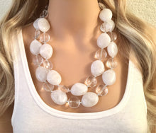 Load image into Gallery viewer, White &amp; Clear silver necklace, statement necklace, white jewelry, big beaded multi strand chunky necklace, white chunky statement jewelry