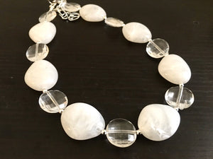 White & Clear silver necklace, statement necklace, white jewelry, big beaded single strand chunky necklace, white chunky statement jewelry