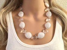 Load image into Gallery viewer, White &amp; Clear silver necklace, statement necklace, white jewelry, big beaded single strand chunky necklace, white chunky statement jewelry