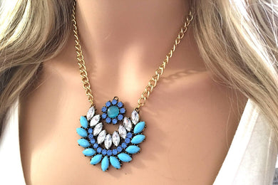 Blue & Gold Rhinestone Statement Necklace, Turqoiuse Teal and Metallic gold, Blue pendant Necklace, Rhinestone Necklace, Blue Jewelry, light