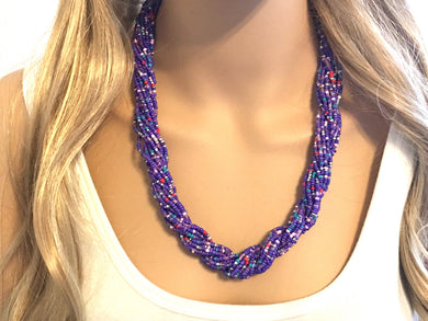 Purple Beaded Statement necklace, multi strand seed bead necklace