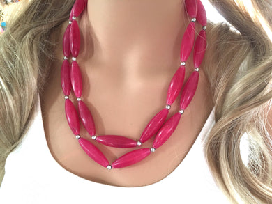Pink Statement Necklace, 2 strand hot pink, Hot Pink Jewelry, glass beaded jewelry, multi strand pink necklace, dark pink magenta