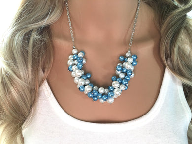 Blue & White Pearl Cluster Necklace, blue pearl necklace, blue and white, pearl necklace, wedding bridesmaid jewelry, carolina jewelry