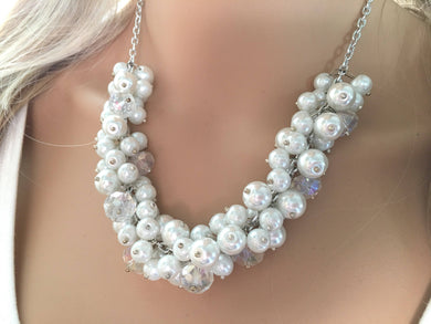 White and Crystal Cluster Necklace - Chunky Statement Jewelry, Bib Necklace Pearl Necklace Big Bubble Beaded Jewelry, white wedding