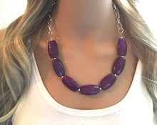 Load image into Gallery viewer, Purple Statement Necklace &amp; Earrings, dark purple jewelry, Your Choice GOLD or SILVER, purple bib chunky necklace, purple freckle necklace