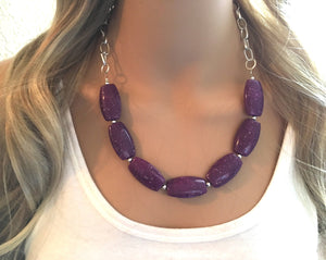 Purple Statement Necklace & Earrings, dark purple jewelry, Your Choice GOLD or SILVER, purple bib chunky necklace, purple freckle necklace