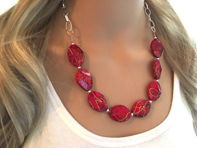 Red Statement Necklace & Earrings, red jewelry, Your Choice GOLD or SILVER, red bib chunky necklace, red gold painted necklace