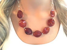 Load image into Gallery viewer, Amber Statement Necklace &amp; Earrings, amber jewelry, Your Choice GOLD or SILVER, amber brown bib chunky necklace, brown oval necklace