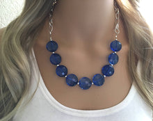 Load image into Gallery viewer, Royal Blue Statement Necklace &amp; Earrings, blue jewelry, Your Choice GOLD or SILVER, blue bib chunky necklace, blue circle necklace