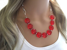 Load image into Gallery viewer, Red Statement Necklace &amp; Earrings, red jewelry, Your Choice GOLD or SILVER, red bib chunky necklace, red circle necklace, red translucent