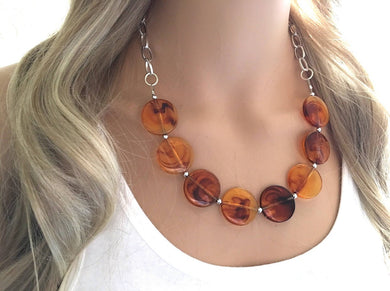 Tortoise shell Statement Necklace & Earring set, tortoise jewelry, Your Choice of GOLD or SILVER, tortoise bib chunky necklace, brown circle