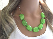 Load image into Gallery viewer, Creamy lime green Statement Necklace &amp; Earrings, lime green jewelry, Your Choice GOLD or SILVER, green bib chunky necklace, green necklace