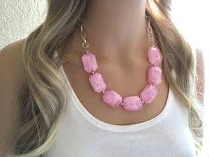 Blush Pink Creamy cotton candy pink Statement Necklace & Earrings, pink jewelry, Your Choice GOLD or SILVER, pink bib chunky necklace