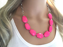 Load image into Gallery viewer, Hot pink Statement Necklace &amp; Earrings, hot pink jewelry, Your Choice GOLD or SILVER, pink bib chunky necklace, pink necklace