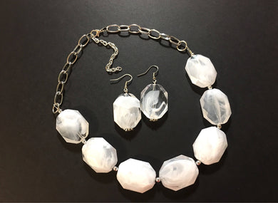 White Statement Necklace & Earring Set, white jewelry, Your Choice of GOLD or SILVER, creamy white bib chunky necklace, cream necklace