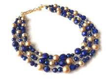 Load image into Gallery viewer, Navy Blue Beaded Necklace, blue Jewelry, Chunky statement necklace, gold blue necklace, navy jewelry, blue statement necklace