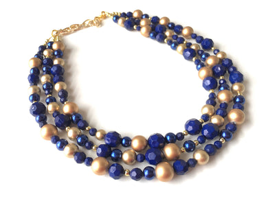 Navy Blue Beaded Necklace, blue Jewelry, Chunky statement necklace, gold blue necklace, navy jewelry, blue statement necklace