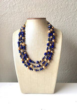 Load image into Gallery viewer, Navy Blue Beaded Necklace, blue Jewelry, Chunky statement necklace, gold blue necklace, navy jewelry, blue statement necklace