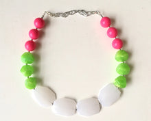 Load image into Gallery viewer, Pink Green &amp; White Big Bead Necklace, Statement Jewelry, pink and green Chunky bib, bridesmaid necklace, green and pink jewelry, beaded long
